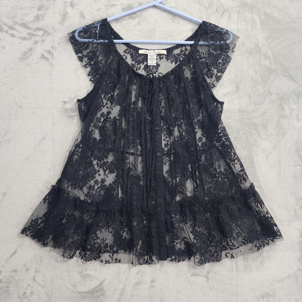 American Rag Cie Top Womens M Black Lace Sheer Button Front Tunic Ruffle Gothic